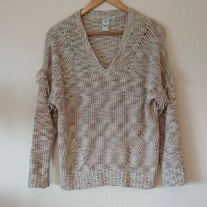 American Rag Cie Oatmeal Vneck Sweater Fringe On Shoulders